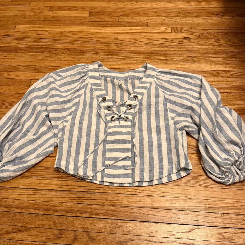 Anthropologie Striped Linen Dolman Lace Up Crop Boho Top XS